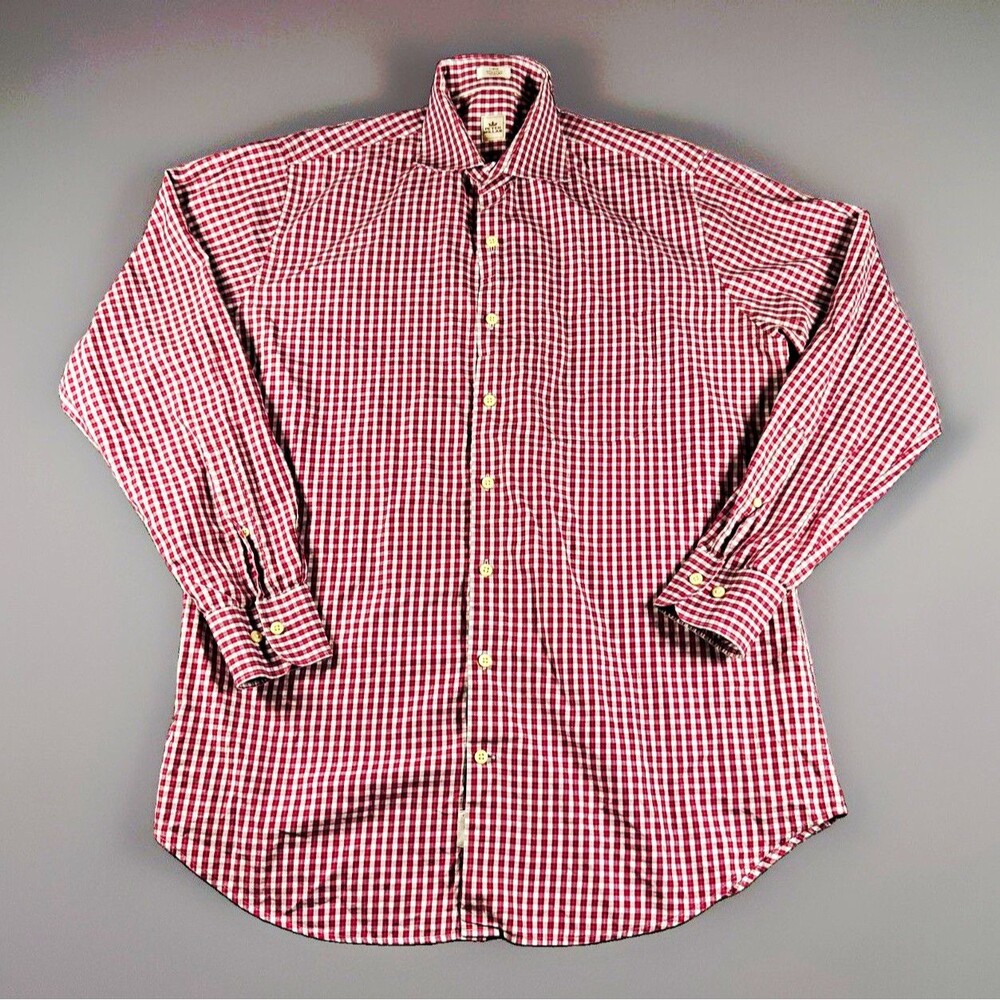 Peter Millar Dress Shirt Men's Large Burgundy Red Crimson Gingham Check Cotton